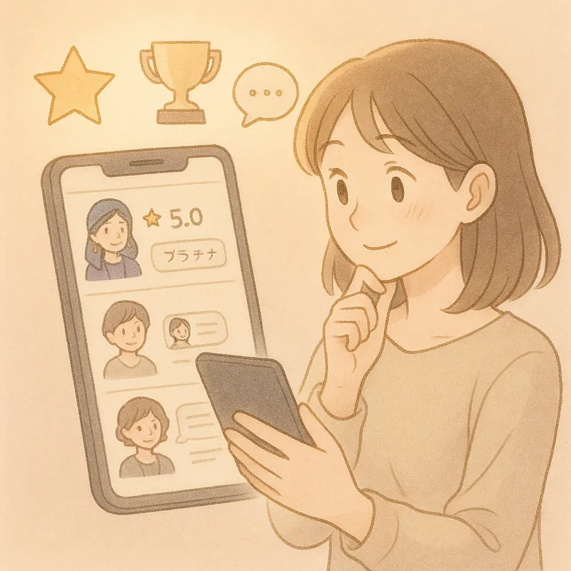 ココナラで本物の霊視占い師を見つけるために口コミをチェックする女性