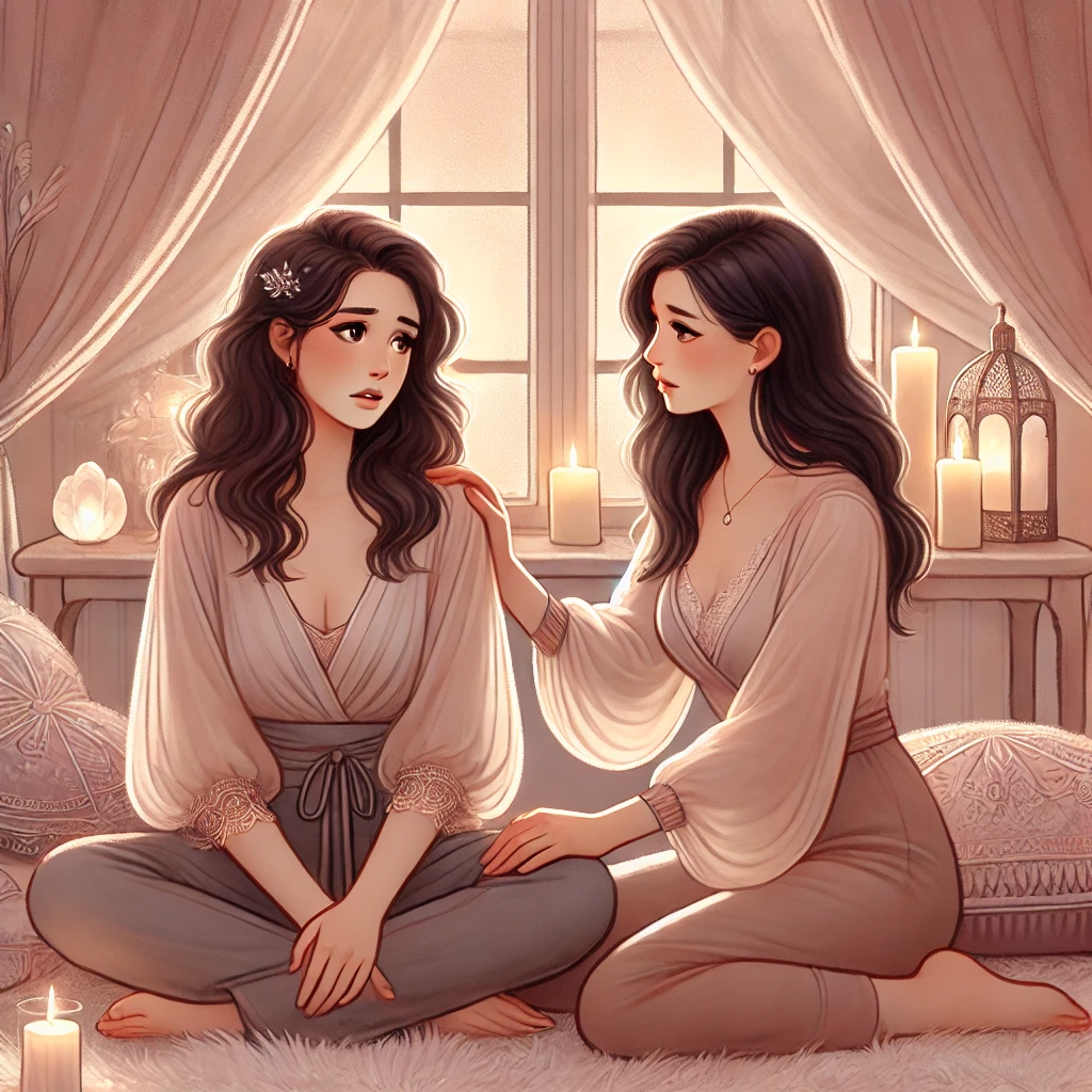 片思いを諦めるべきか友達に相談する女性